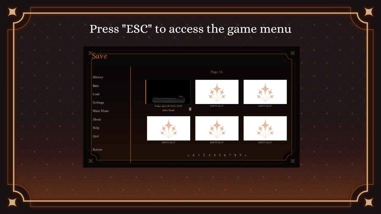 Screenshot of the game menu (save screen)